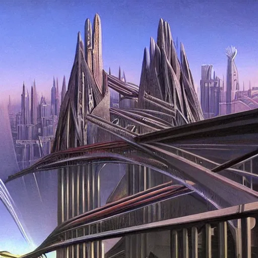 Image similar to by jim burns tranquil, angular. a beautiful land art of a cityscape with tall spires & delicate bridges.