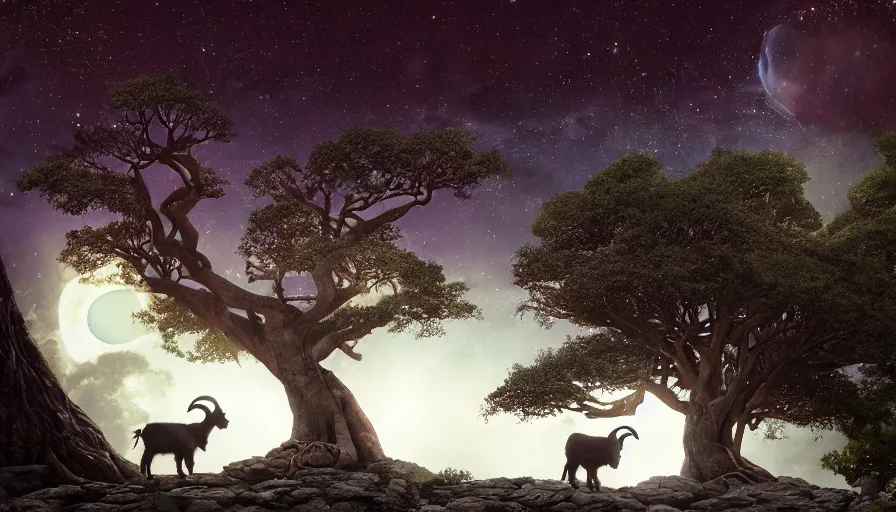 Image similar to very very small goat, sitting on a gigantic banyan tree in moonlit socotra island by ilya kuvshinov, starry night, rtx rendering, octane render 1 2 8 k, maya, extreme high intricate details by tom bagshaw, medium shot, close up shot, composition by sana takeda, lighting by greg rutkowski, stranger things