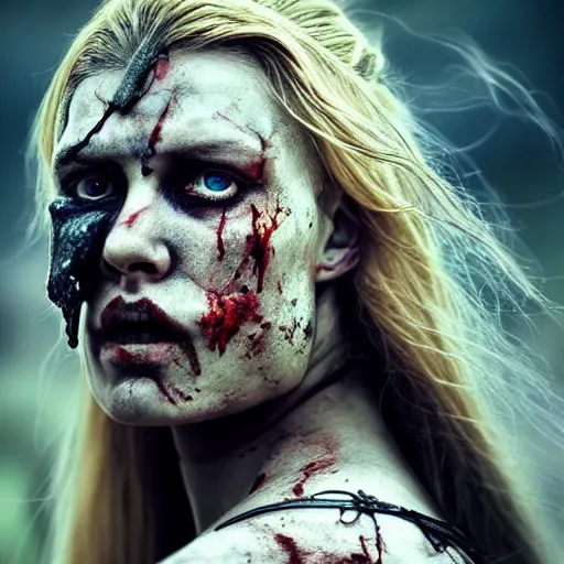 Image similar to Ultrawide realistic photo of a bloody fierce viking woman, injured, battle-scarred mind-blowing details, hyperrealism, highly detailed face, ethereal, sadness, luxury, ominous, scarred, highly detailed, viking attire, cinematic, 16k, 1080s, smooth, sharp focus, by Stanley Artgermm, WLOP, trending on DeviantArt, trending on ArtStation, digital art, Smooth gradients, depth of field, shot on Canon Camera