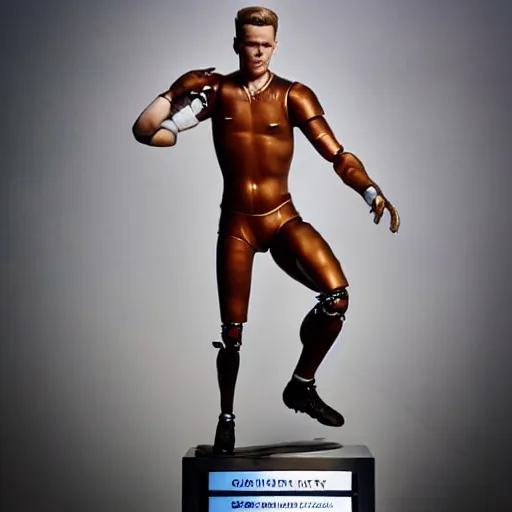 Image similar to “ a realistic detailed photo of a guy who is an attractive humanoid who is half robot and half humanoid, who is a male android, football player christian mccaffrey, shiny skin, posing like a statue, blank stare, on the field, on display ”