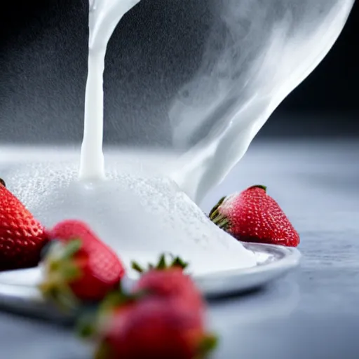 Image similar to a close up photo of milk pouring over a strawberry, macro, highly detailed,