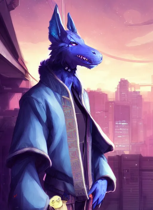 Prompt: beautiful portrait of a male furry anthro blueberry dragon fursona wearing kimono clothes in a cyberpunk spaceship hangar. character design by charlie bowater, ross tran, artgerm, and makoto shinkai, detailed, inked, western comic book art