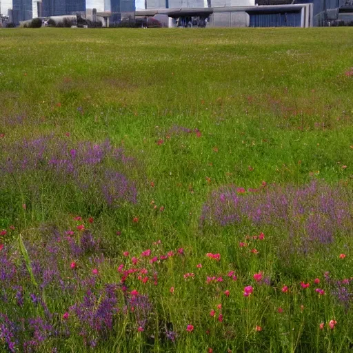 Image similar to a beautiful meadow in the middle of dirty industrial complex,