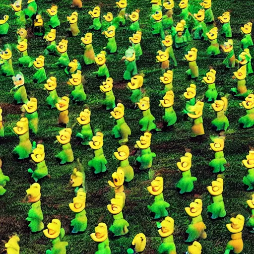 Prompt: a photo of a green field, with an army of differently coloured and shaped teletubbies, marching together.