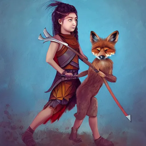 Prompt: a female child warrior holding a spear and riding a giant fox into war, digital art, concept