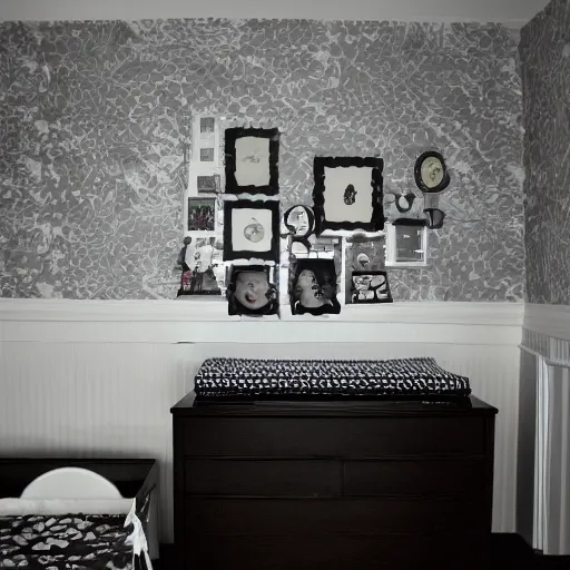 Image similar to creepy nursery liminal space, dark photograph