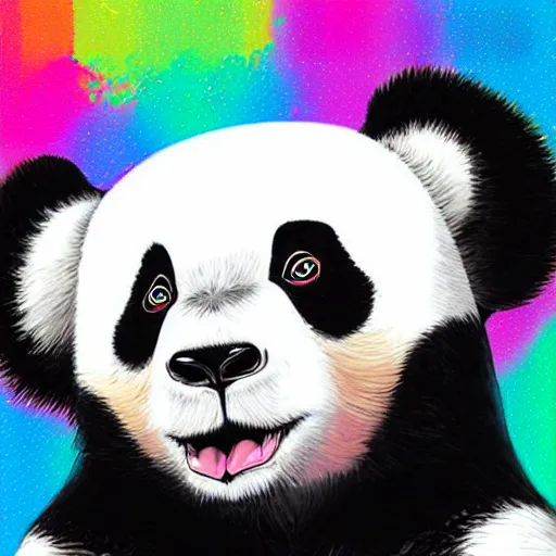 Image similar to colorful illustration of panda in headphones, colorful splatters, by andy wrahol and zac retz and kezie demessance