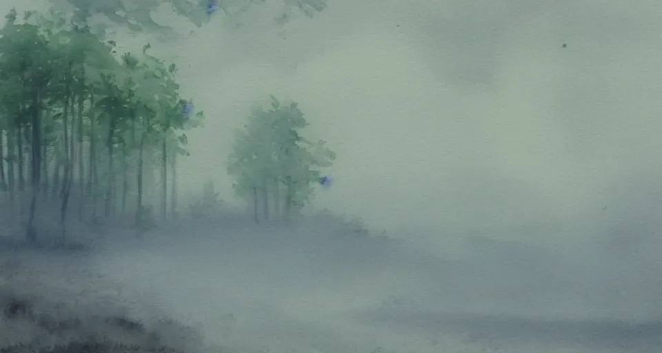 Image similar to watercolor painting of a forest in the fog by the ocean, peaceful,