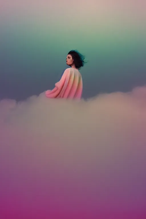 Image similar to high quality pastel coloured film close up wide angle photograph of a model wearing clothing resting on cloud furniture in a icelandic black rock!! environment in a partially haze filled dreamstate world. three point light, rainbow. photographic production. art directed. pastel colours. volumetric clouds. pastel gradient overlay. waves glitch artefacts. extreme facial clarity. 8 k. filmic.