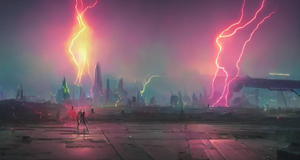 Image similar to Landscape with GIANT neon lightning bolt striking a futuristic castle, center composition, cinematic, rendered by simon stålenhag, rendered by Beeple, Makoto Shinkai, syd meade, environment concept, digital art, starwars, unreal engine, 3 point perspective, WLOP, trending on artstation, low level, 4K UHD image, octane render,