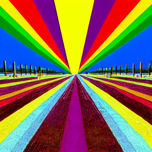 Prompt: psychedelic rainbow colored concentration camp