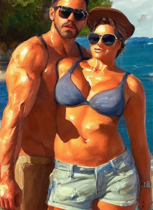 Prompt: painting of a stocky young man with toned muscles wearing aviator glasses and a baseball cap, with dense brown stubble and a full moustache, sparse chest hair, with a girl in a bikini in the background, by Jeremy Mann, stylized, detailed, realistic, warm tones, summer vibes, glistening skin, loose brush strokes