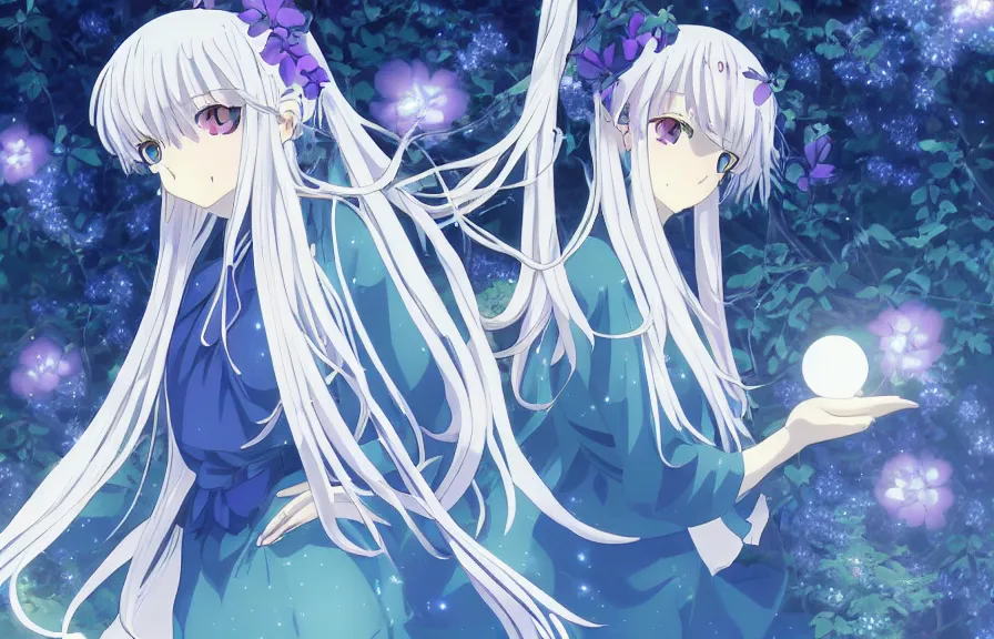 Prompt: Illyasviel ghibli clover | Big Moon at Blue Night | bioluminescent blue FLOWERS | strong blue rimlit | visual-key | anime illustration | highly detailed High resolution | Light Novel | Visual Novel | Gosick