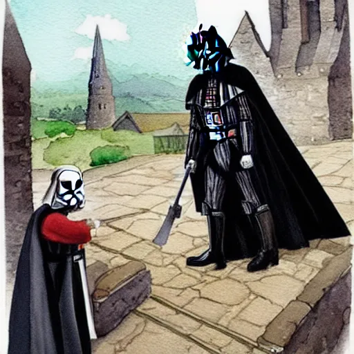 Prompt: a watercolor painting of darth vader leaving a medieval church in a a quaint english village