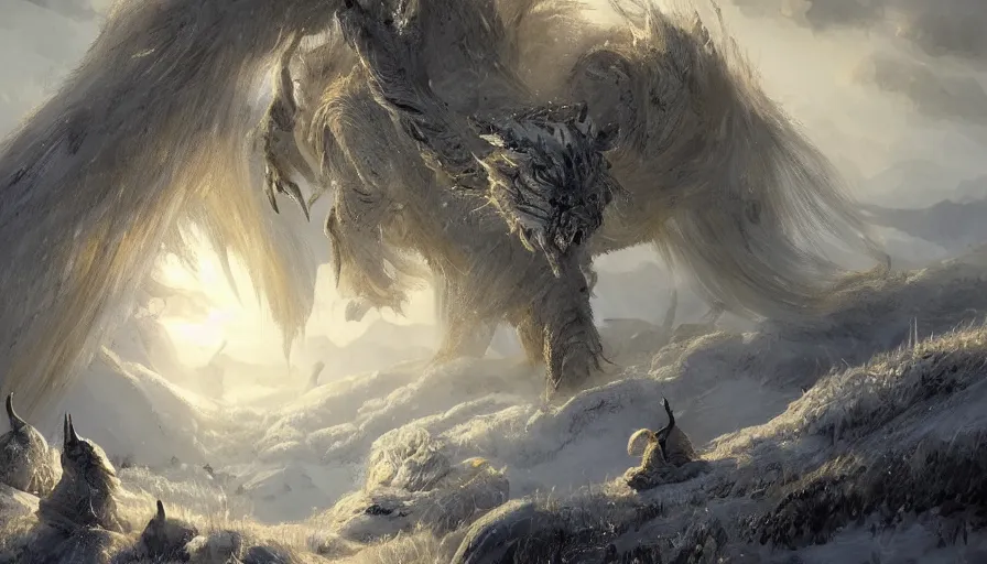 Image similar to Níðhöggr in a nordic landscape under bright daylight with fluffy clouds, set in the world of Guildwars2, painted by Hans Fredrik Gude, Greg Rutkowksi and Artgerm, concept art 2022, ultra realistic masterpiece, contrasting details vs blank areas, oil on canvas
