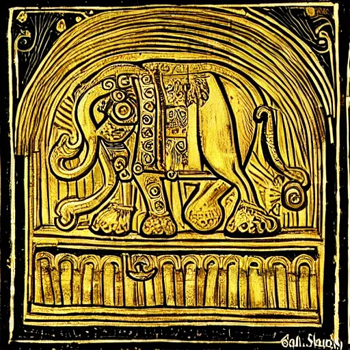 Image similar to golden mammoth as a deity in a medieval age where everyone is worshiping it