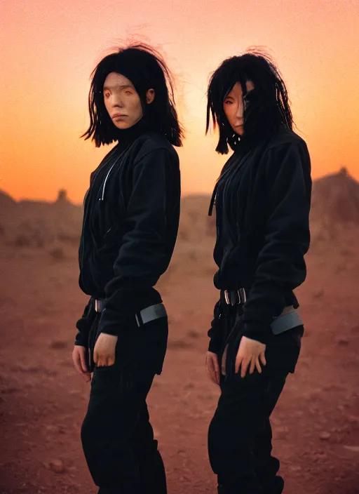 Image similar to cinestill 5 0 d photographic portrait of two loving clones, women wearing rugged black techwear on a desolate plain with a red sky, closeup, diverse species, cyberpunk, in front of a brutalist dark metal facility, dust storm, 3 5 mm, 8 k, depth of field, high resolution, ultra realistic faces