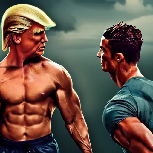 Image similar to muscular donald trump and cristiano ronaldo in love looking at their baby, detailed and realistic, 4 k, bright color, epic digital art