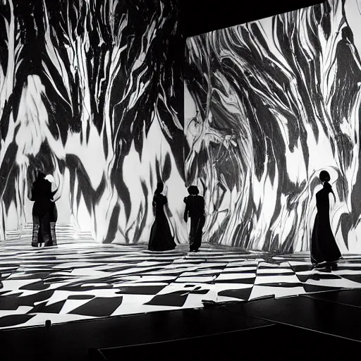 Prompt: an opera scenography with tul gobelins with black and white impressions of falling angels, a checkerboard floor of marble black and white.