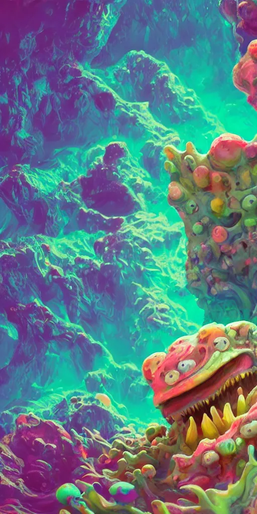 Image similar to of a colorful deep sea cave with strange cute friendly happy creatures with huge eyes, mouth, long tongue and round teeth appearing from sandy coral, in the style of gehry and gaudi, macro lens, shallow depth of field, ultra detailed, digital painting, trending artstation, concept art, illustration, cinematic lighting, photorealism, epic, octane render