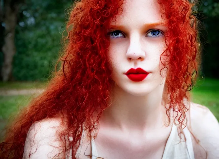 Prompt: award winning 5 5 mm close up face portrait photo of an anesthetic cute redhead with small nose, blood - red wavy hair, intricate eyes, in a park by luis royo