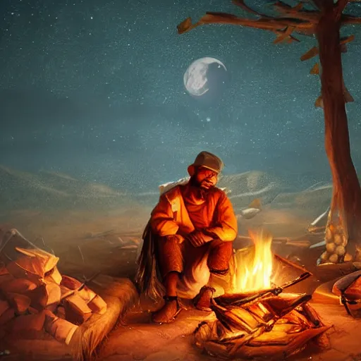 Prompt: Nomadic trader, sitting by a campfire, night, digital art, 4k, trending on artstation
