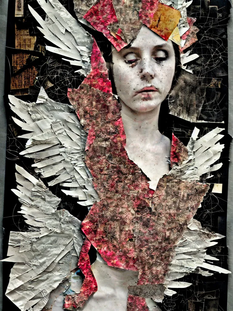 Image similar to a young adult angelgirl face obscured by smoke and ratty feathered angel wings, stressed and burnt out, collage effect, collaged, torn paper, torn paper collage, overexposure, overexposed, high exposure