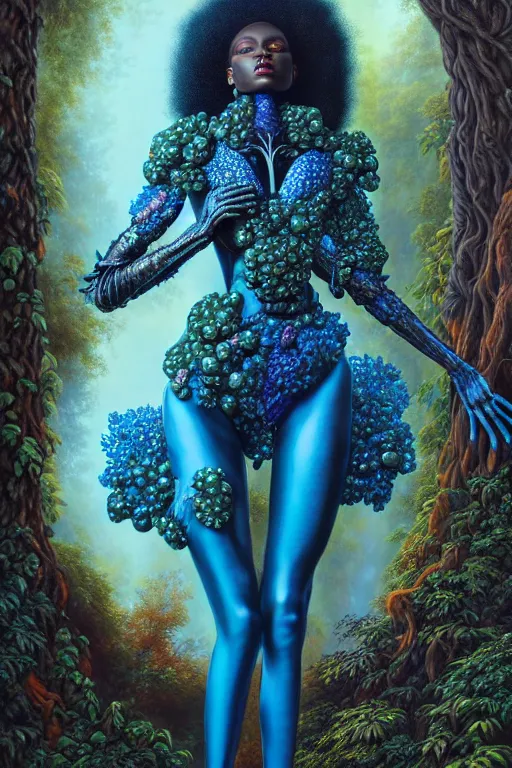 Prompt: hyperrealistic post - rococo super gorgeous! black woman with exoskeleton armor, merging with tree in a forest, highly detailed digital art masterpiece smooth cam de leon hannah yata dramatic pearlescent blue teal light ground angle hd 8 k sharp focus