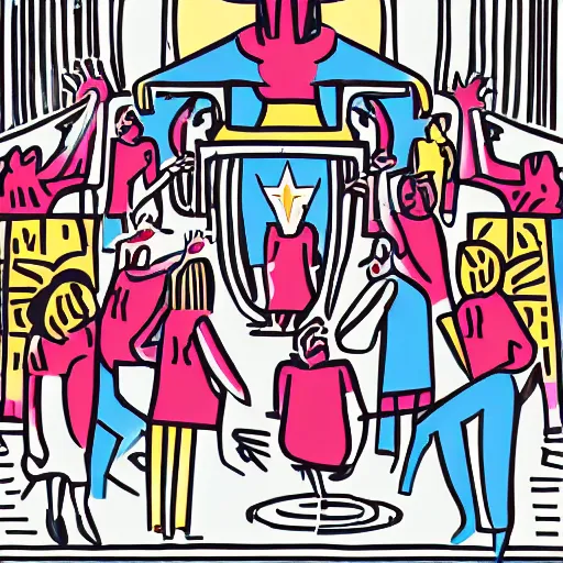 Image similar to A group of people surrounding and worshipping a Luciferian goat, in the style of Corporate Memphis, Alegria style, Big Tech art style, simple, colorful, minimalist
