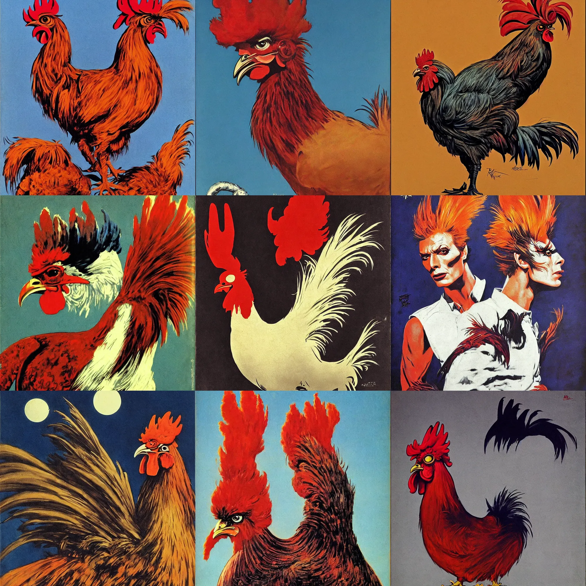 Prompt: scifi portrait of A rooster that looks like David bowie by Robert McGinnis, pulp comic style, circa 1958, photorealism