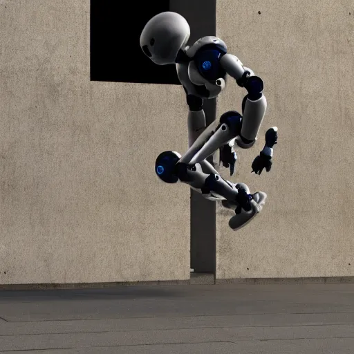Image similar to a robot similar to a human doing hardcore parkour, photorealistic