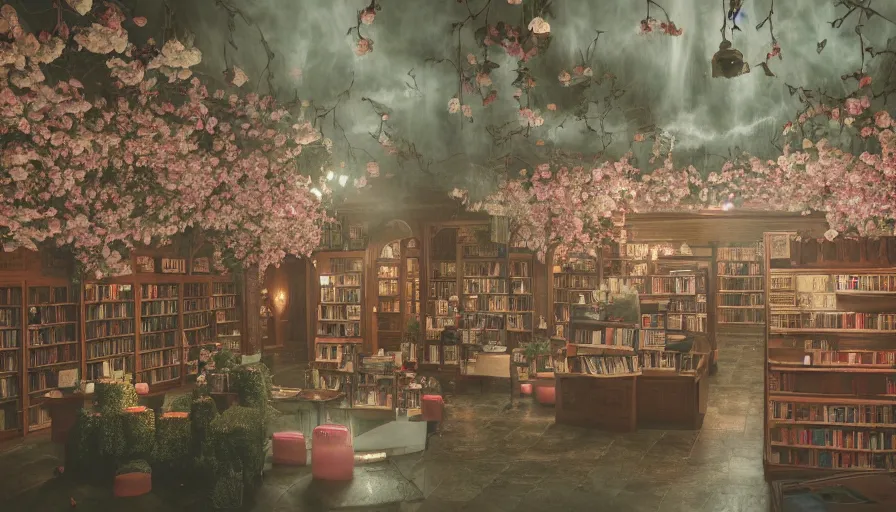 Prompt: a Wes Anderson 35mm film still of a very surreal magic bookshop with a beautiful waterfall inside, apothecary, botanical garden, falling cherry blossom pedals, in the style of Gucci, glowing lights and floating lanterns, foggy atmosphere, rainy, moody, muted colors, magic details, very detailed, 8k, cinematic look, octane render, psychedelic,