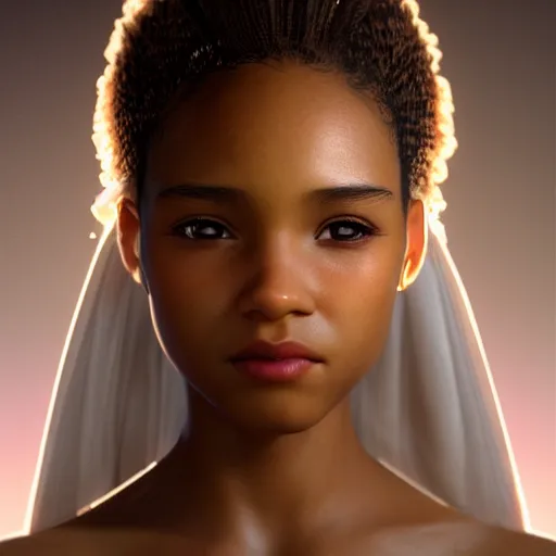 Image similar to a photorealistic hyperrealistic, bright brown eyes, light skinned african american young girl, ponytail hair, flawless face, beautiful lips, cute face, gorgeous white veil, by wlop, artgerm, greg rutwoski, alphonse mucha, beautiful dynamic dramatic low - light moody lighting, cinematic atmosphere, artstation, concept design art, octane render, 8 k