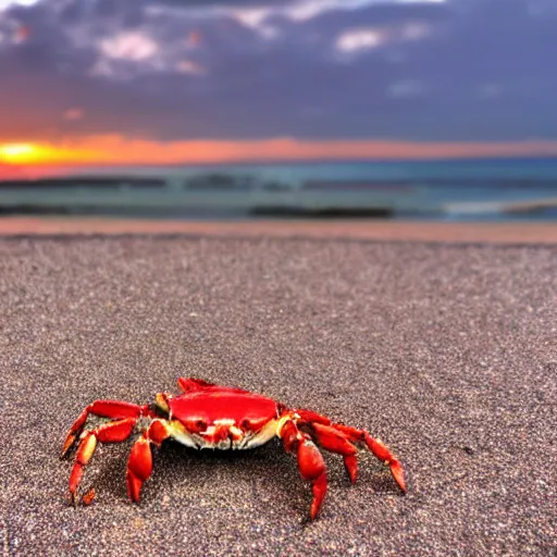 crab on beach on sand, sea in the background, sun is