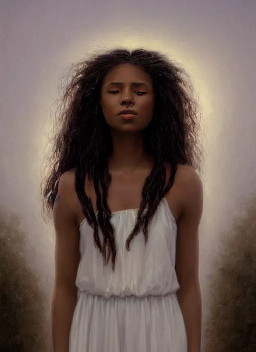 Image similar to oil painting close up portrait of a contemplative young black woman with long dark flowing hair in a white dress, surrounded by white roses!! at sunset, hazy, digital art, chiaroscuro, artstation, cinematic, golden hour, digital art painting by greg rutkowski, william - adolphe bouguereau, hazy atmosphere, cinematic lighting