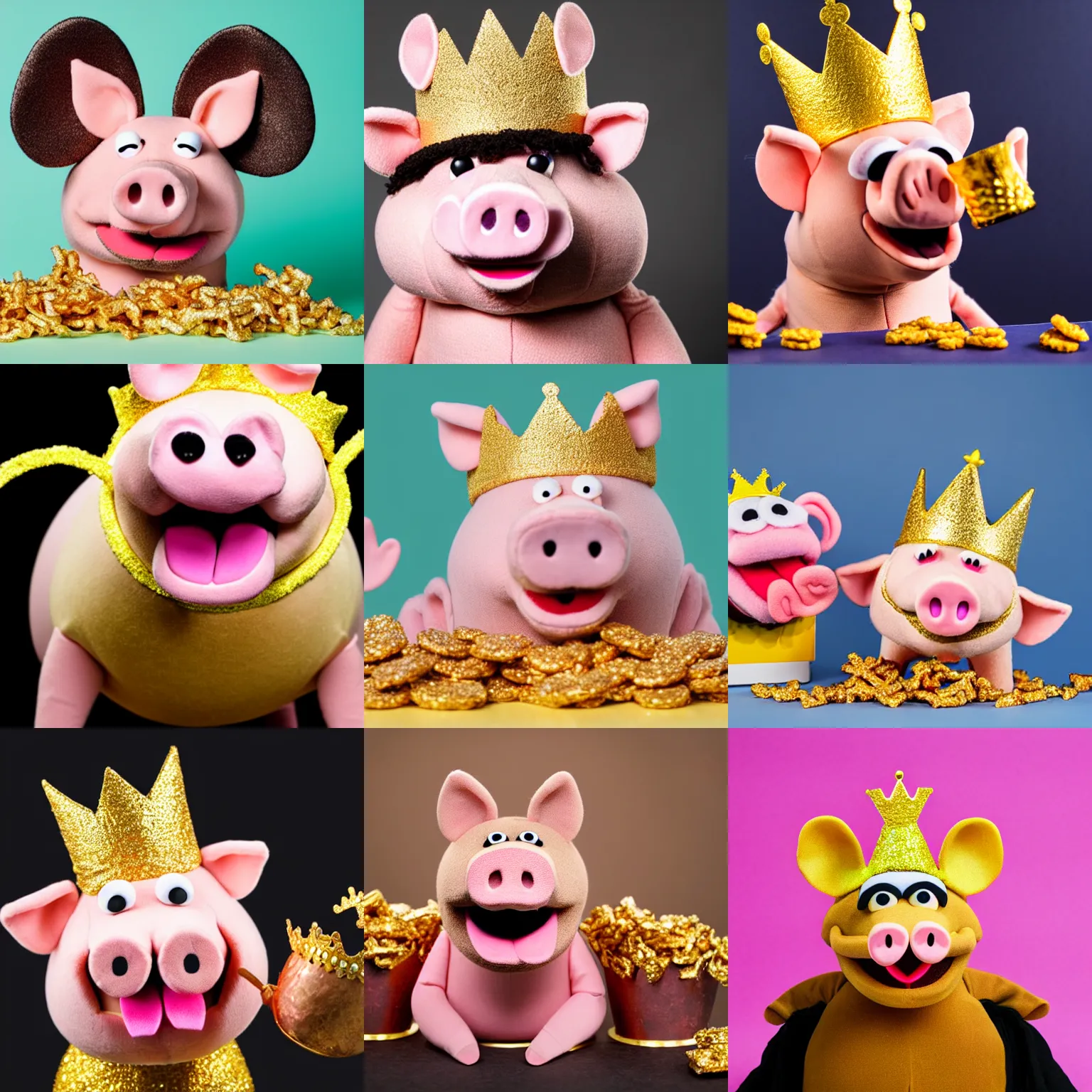 Prompt: studio photograph of a smiling pig depicted as a muppet wearing a gold crown eating snacks