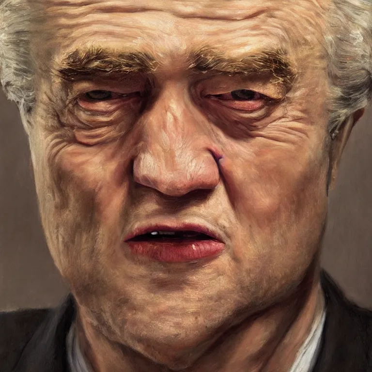 Prompt: hyperrealistic close up studio portrait of aging old Robert Pattinson age 85 wrinkled frowning, oil painting by Ivan Albright and Edward Hopper and Ron Mueck, trending on artstation Studio lighting hyperrealism