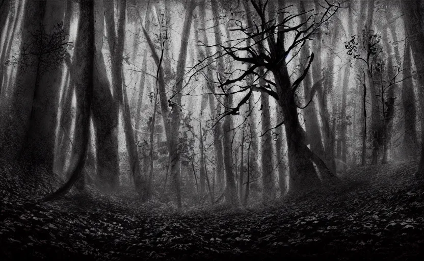 Image similar to fell by fiend in dark forest, black and white paper with detailed red lines, matte painting, concept