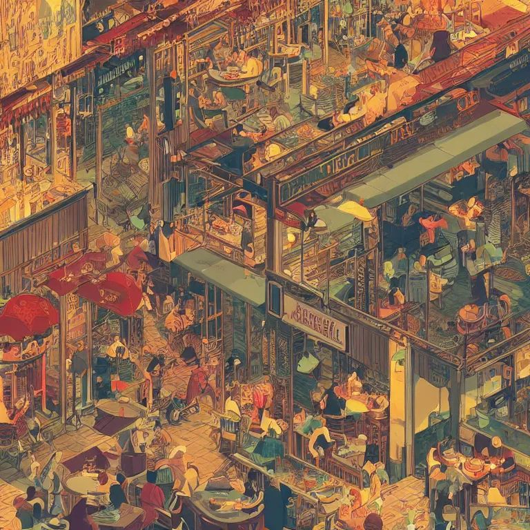 Prompt: isometric view illustration of a very lively restaurant and bar neighborhood , highly detailed, end of the day, by Victo Ngai and Bruce Pennington