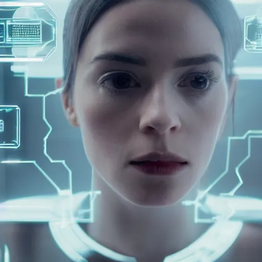 Image similar to film still of Black Mirror Episode about Sentient Artificial Intelligence, VFX, 2022, 40mm lens, shallow depth of field