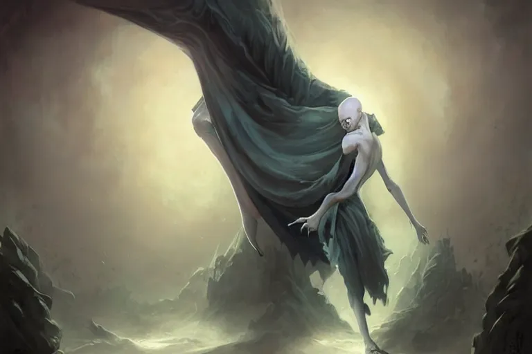 Image similar to a humanoid creature with pale white skin and a gaunt face. the creature is bald and its eyes are shining, emitting sunlight. it is wearing a black flowing cloak that looks like mist. art by peter mohrbacher.