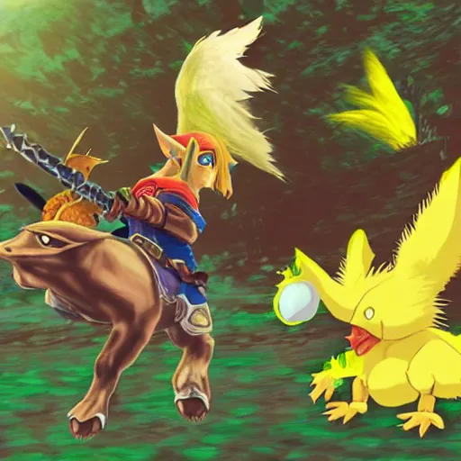 Prompt: legend of zelda link riding an amoured chocobo