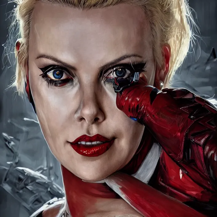 Image similar to portrait of Charlize Theron as a harley quinn. intricate abstract. intricate artwork. by Tooth Wu, wlop, beeple, dan mumford. octane render, trending on artstation, greg rutkowski very coherent symmetrical artwork. cinematic, hyper realism, high detail, octane render, 8k, iridescent accents