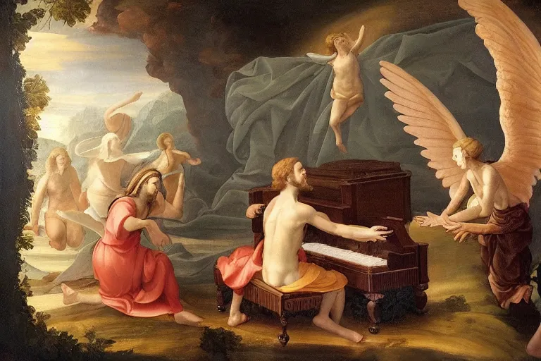 Image similar to A renaissance painting of Mac Miller as an angel playing the piano in Heaven, RIP, Heavenly, Divinity, Hope, Ethereal, Symmetry, Atmospheric Lighting, artstation trending, ladders, angelic, Rendered in Octane, trending on artstation, cgsociety, moody lighting rendered by octane engine, environment 8K artstation, cinematic lighting, intricate details, 4k detail post processing, hyperrealistic, ultra detailed cinematic
