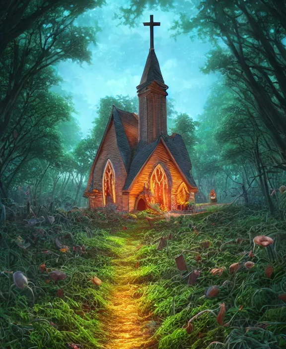 Image similar to a simple, whimsical church made from food, overgrown with huge exotic fungus, deep in the woods, cheerful, stormy, by dan mumford, yusuke murata, makoto shinkai, ross tran, dreamy, cinematic, unreal engine, cel shaded, featured on artstation, pixiv