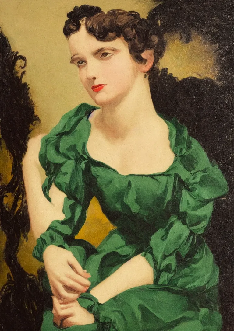 Prompt: a close up of a young woman from the fifties, seated in front of a landscape background, her black hair is a long curly, she wears a dark green dress pleated in the front with yellow sleeves, puts her right hand on her left hand, a detailed neoclassicism painting