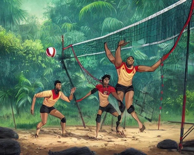 Image similar to gorillas playing volleyball in a jungle with a volleyball, volleyball net, digital illustration, inspired by greg rutkowski and artgerm, high detail