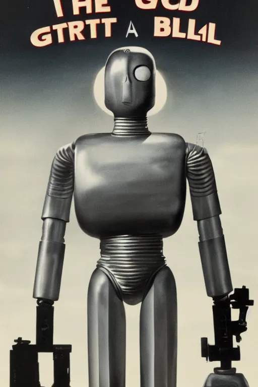 Image similar to the day the earth stood still 1 9 5 1 silver gort robot holding a black rifle gun, art work, uhd, sharp, detailed, cinematic 4 k