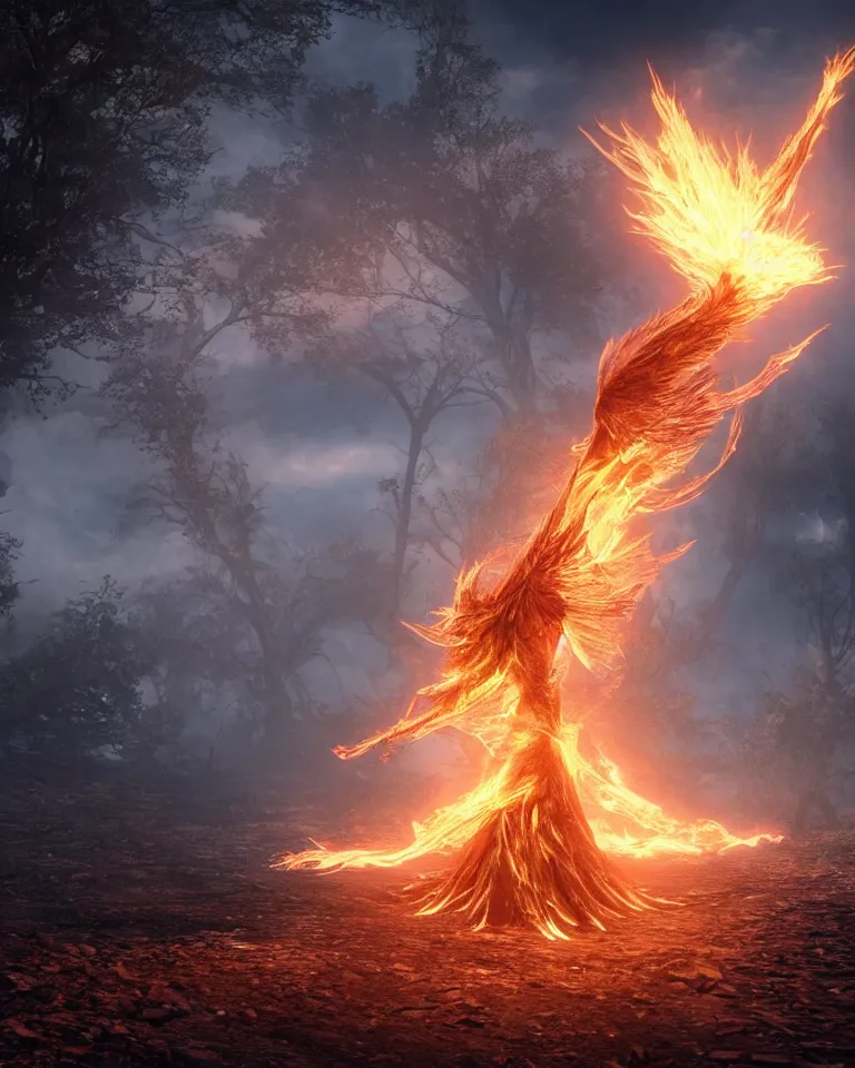 Image similar to a photoreaslistic render of a single burning steel ethereal phoenix rising out of the ground, ethereal lighting, pixie dust magic, brilliant glow, cinematic, magic particles, epic scale ultrawide angle, deep vivid colors, explosive energy, like elder scrolls and elden ring and lord of the rings, bursting with debris and pebbles and dust clouds and ash