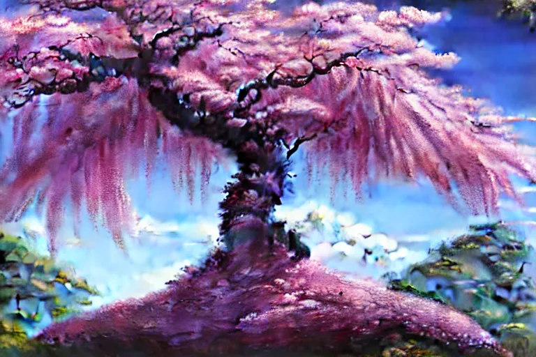 Image similar to highly detailed concept art of a sakura plum tree made with water, overgrowth, Artgerm, Ferdinand Knab, Makoto Shinkai